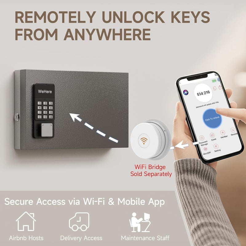 WeHere 16 Key Lock Box, Smart Wall Mount Key Cabinet with Key Tags, OTP/APP/Fixed Code Unlock, Security Storage Key Holder, Key Management for House, Hotel, Office - Image 4